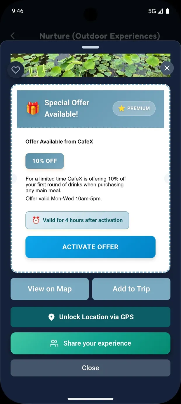 The Monoloci coupon flow in the app: an offer unlocked at a venue and presented for redemption.