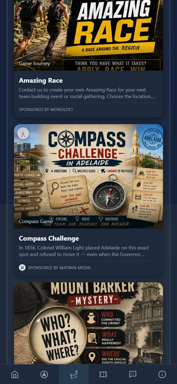 Game journey cards for Amazing Race, Compass Challenge in Adelaide, and Mount Barker Mystery.