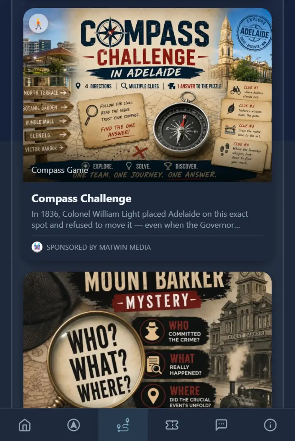 Game journey cards for Amazing Race, Compass Challenge in Adelaide, and Mount Barker Mystery.