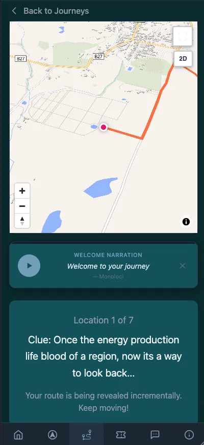 The Monoloci app mid-journey: a map with the route drawn only as far as the player has travelled, a welcome narration player, and a panel reading Location 1 of 7 with the clue text.