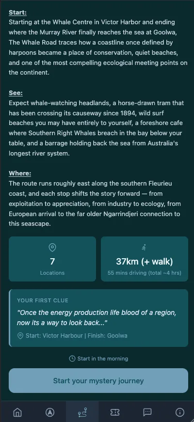 The Whale Road Fleurieu Tour journey profile: the route description, a figure rail reading 7 locations and 37 km, and a panel headed Your First Clue above a Start your mystery journey button.
