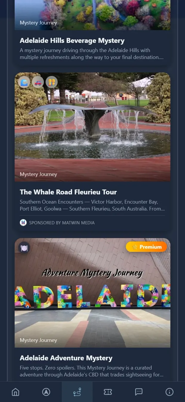 Mystery journey cards including the Adelaide Hills Beverage Mystery and The Whale Road Fleurieu Tour.