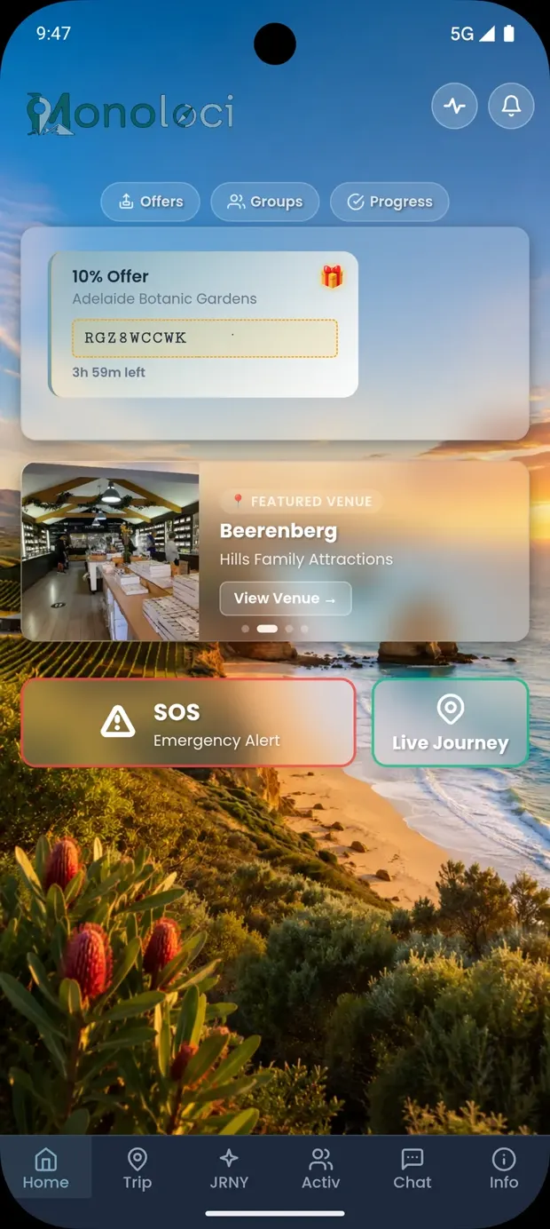 The app home screen showing an unlocked ten per cent offer with a redemption code and a countdown, above a featured venue card.