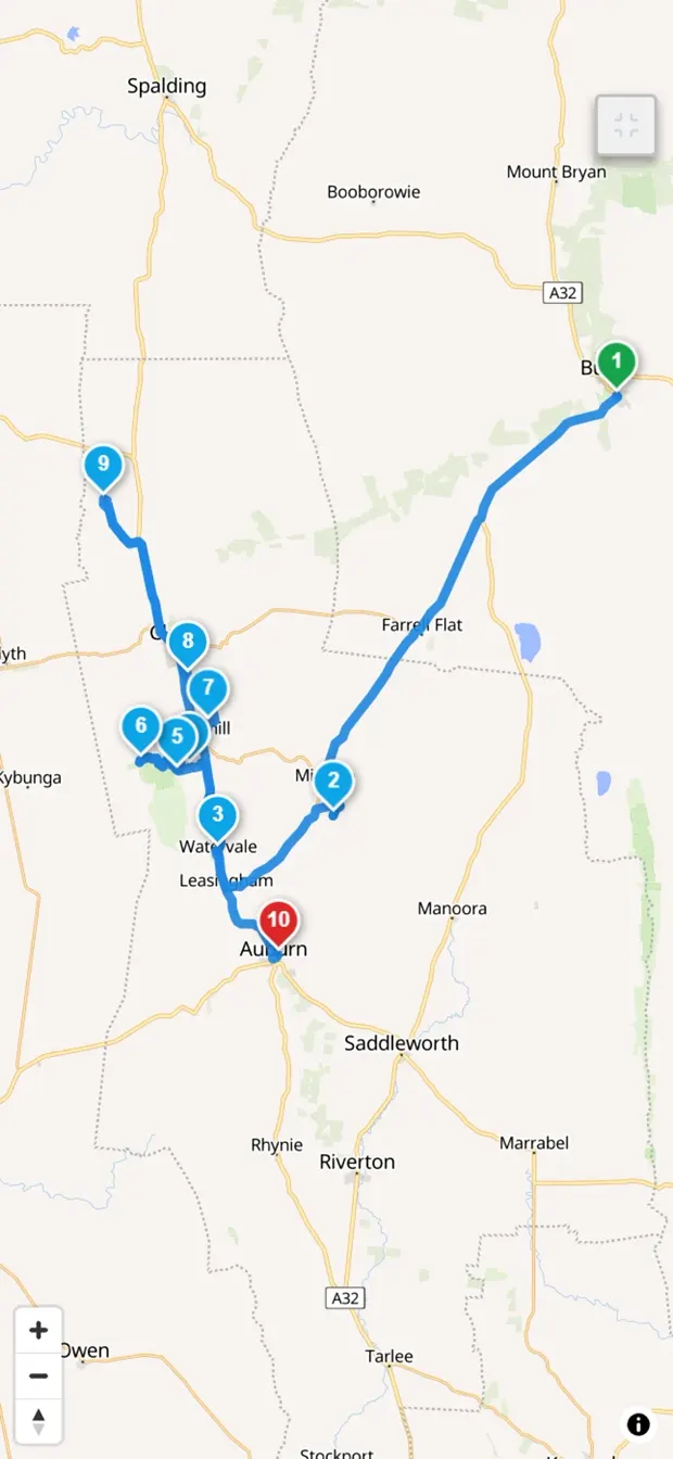 A trip map with lettered stops across the Adelaide Hills and an itinerary listing arrival times and durations.
