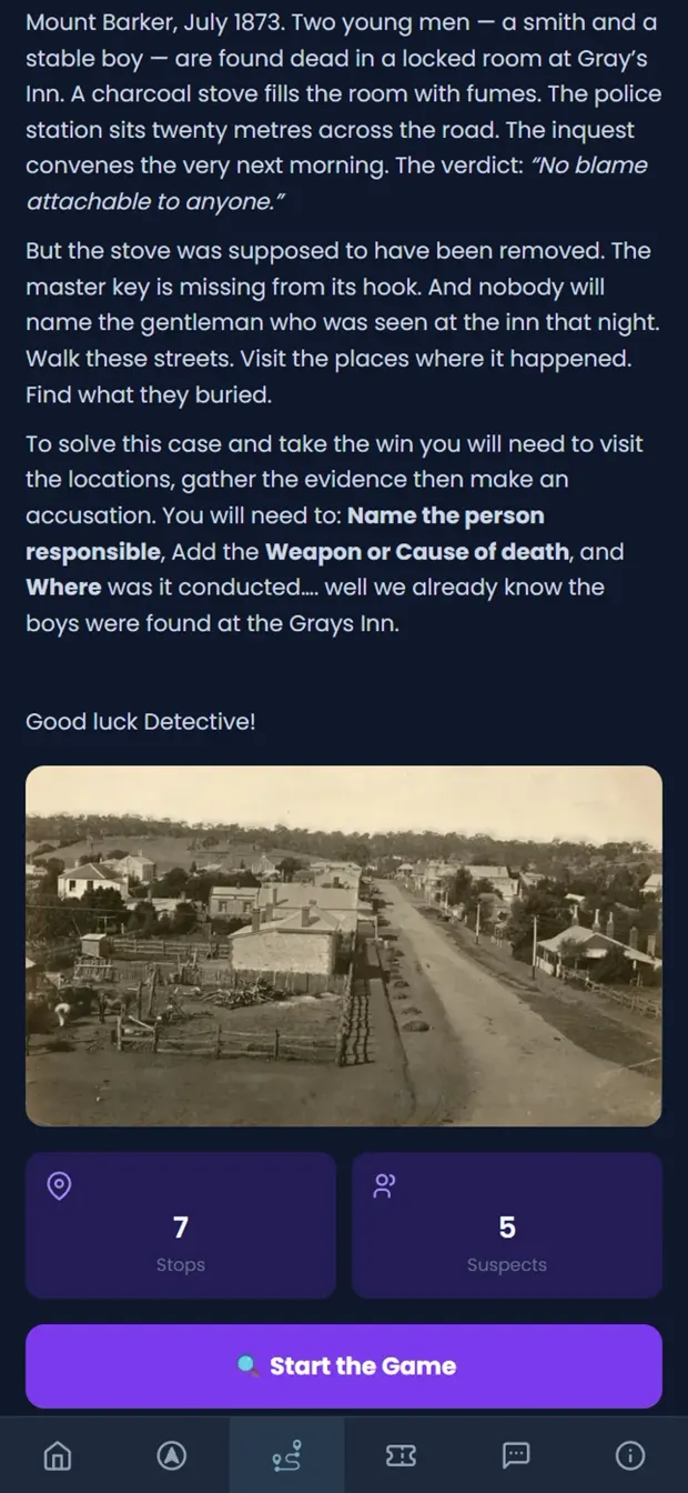 A whodunit game journey screen in the Monoloci app.