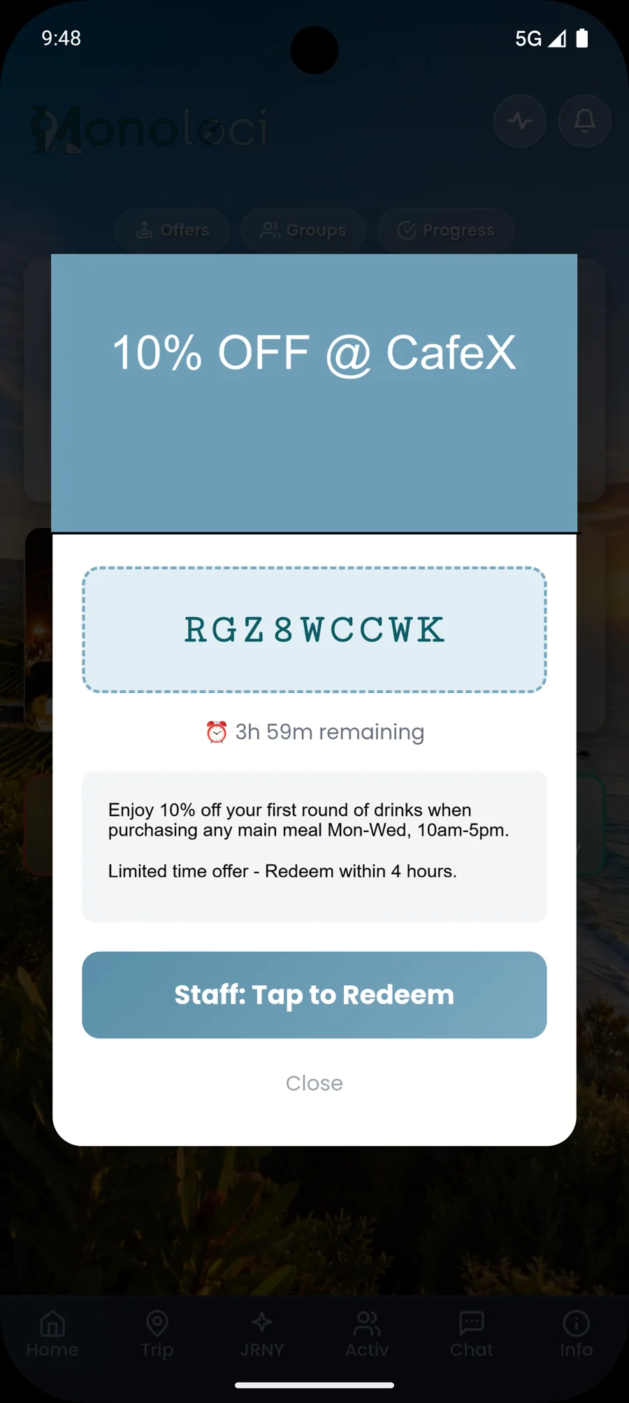 Promo modal: 10% off at CafeX with code RGZ8WCCWK; 3h59m remaining; tap 'Staff: Tap to Redeem' to redeem.
